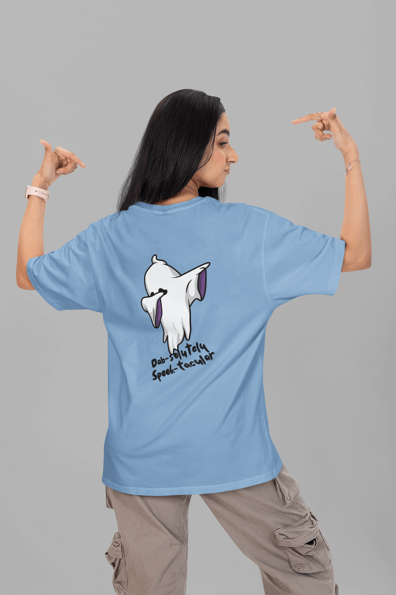 Women's Baby Blue Dab-solutely Spook-tacular Graphic Printed Oversized T-shirt