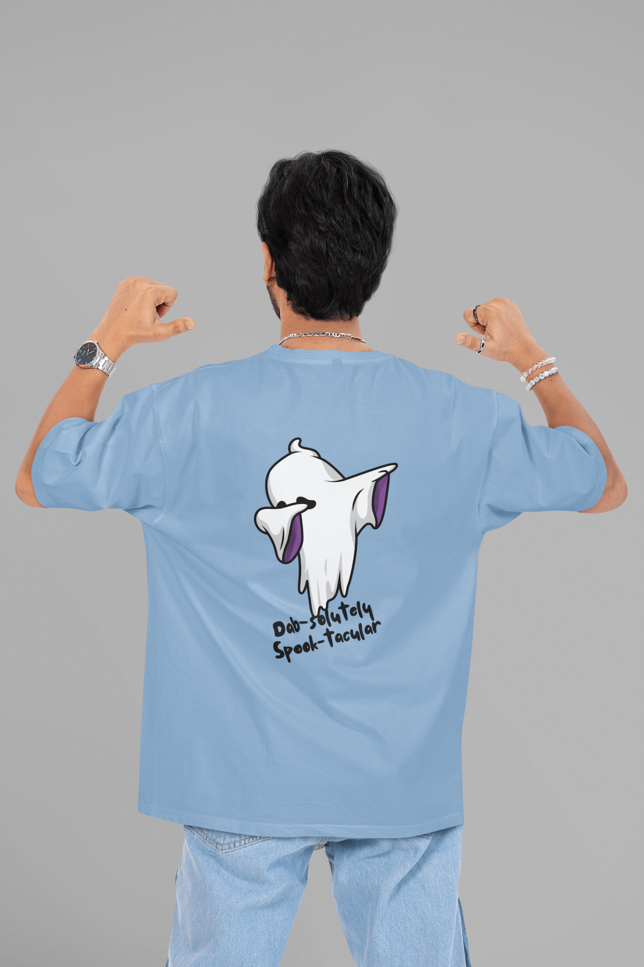 Men's Baby Blue Dab-solutely Spook-tacular Graphic Printed Oversized T-shirt