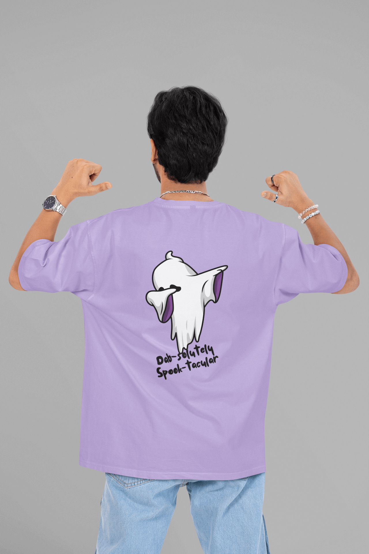 Men's Iris Lavender Dab-solutely Spook-tacular Graphic Printed Oversized T-shirt