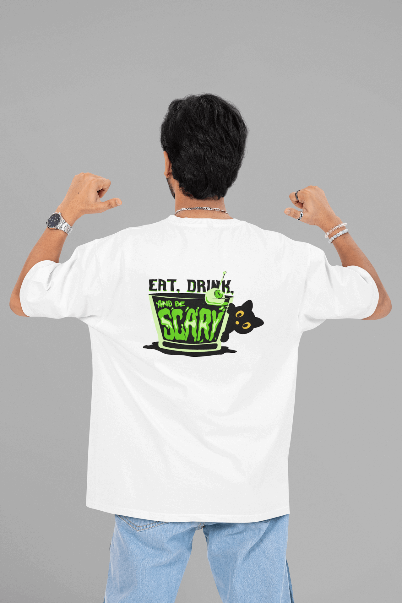 Men's White Eat, Drink, and Be Scary Graphic Printed Oversized T-shirt