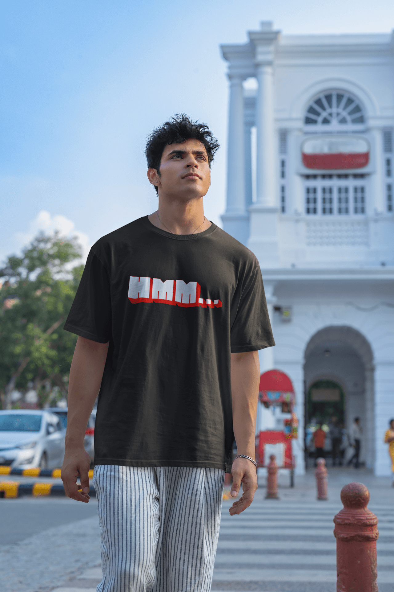 Men's Black Hmm Graphic Printed Oversized T-shirt