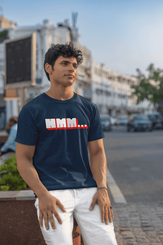 Men's Navy Blue Hmm Graphic Printed T-shirt - Printed Cave
