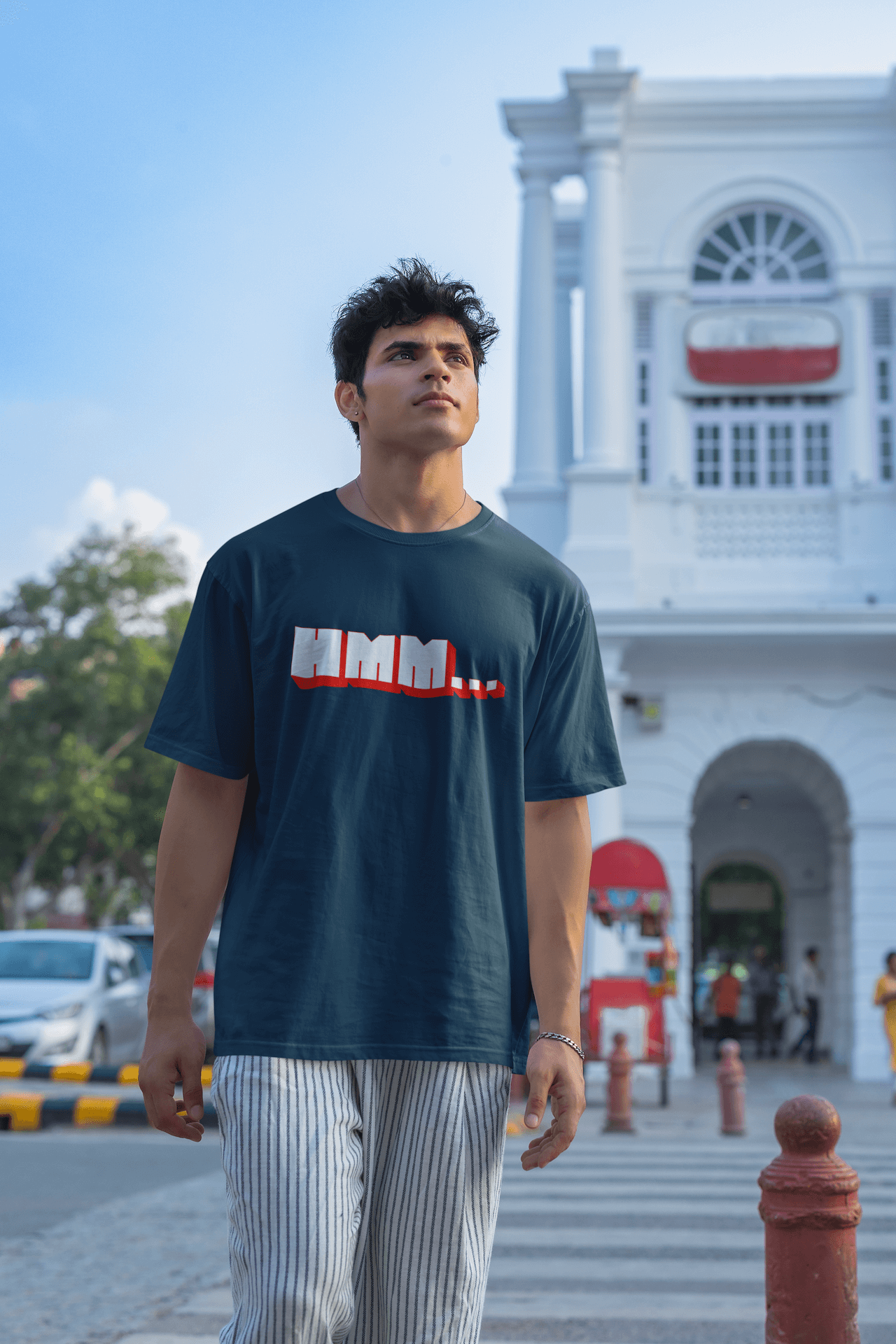 Men's Navy Blue Hmm Graphic Printed Oversized T-shirt
