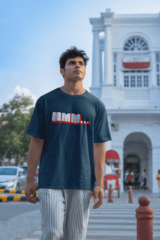 Men's Navy Blue Hmm Graphic Printed Oversized T-shirt
