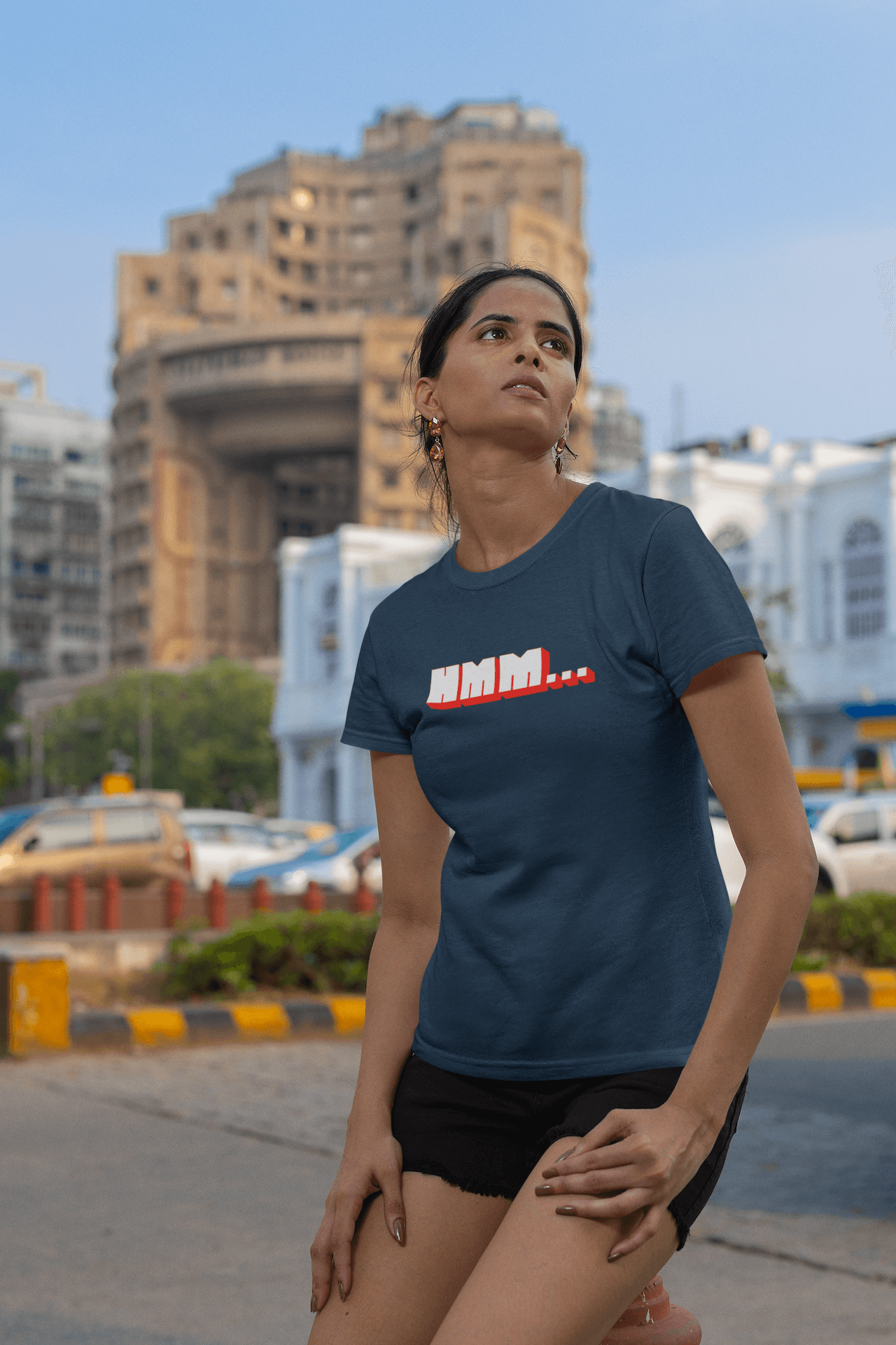 Women's Navy Blue Hmm Graphic Printed T-shirt - Printed Cave