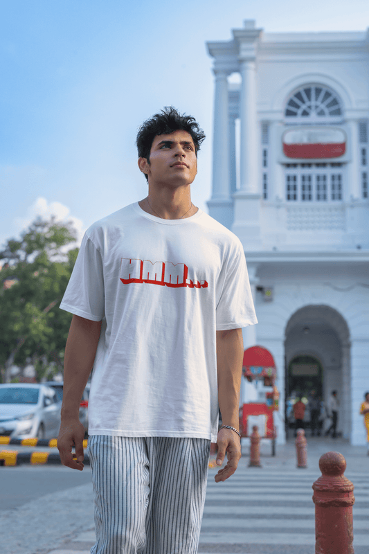 Men's White Hmm Graphic Printed Oversized T-shirt