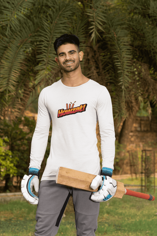 Men's White Howzat Graphic Printed Full Sleeve T-shirt - Printed Cave