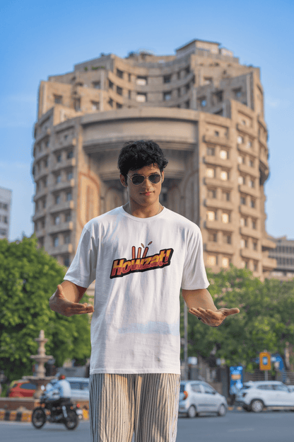 Men's White Howzat Graphic Printed Oversized T-shirt
