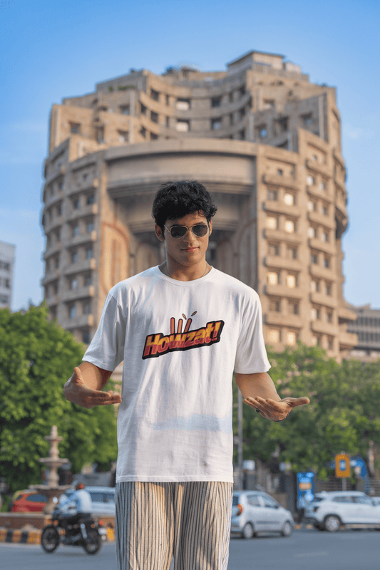 Men's White Howzat Graphic Printed Oversized T-shirt