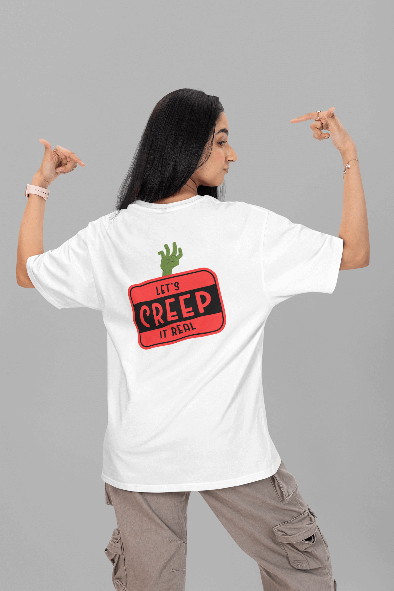 Women's White Let's Creep It Real Graphic Printed Oversized T-shirt