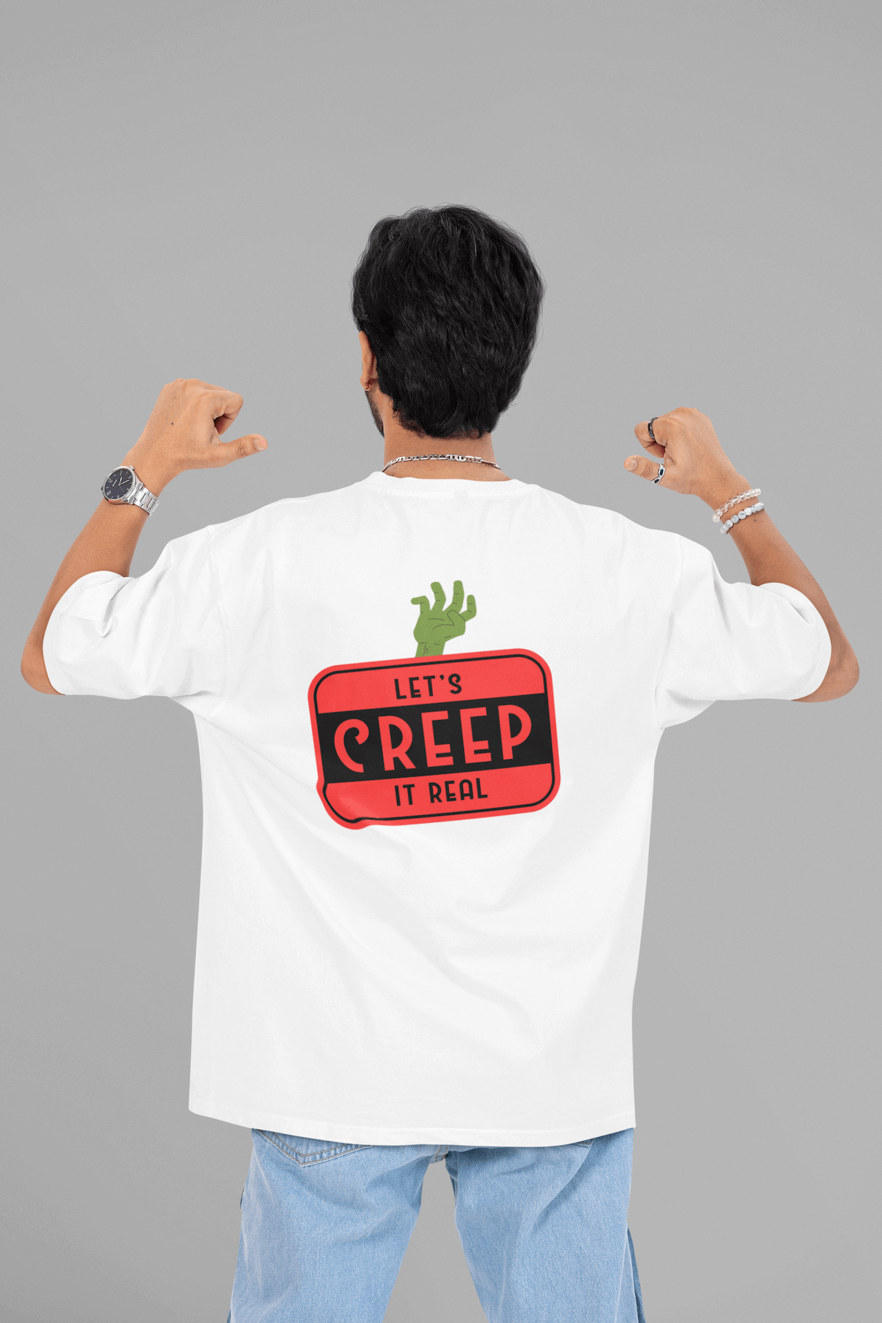 Men's White Let's Creep It Real Graphic Printed Oversized T-shirt