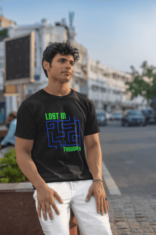 Men's Black Lost in Thoughts Graphic Printed T-shirt - Printed Cave