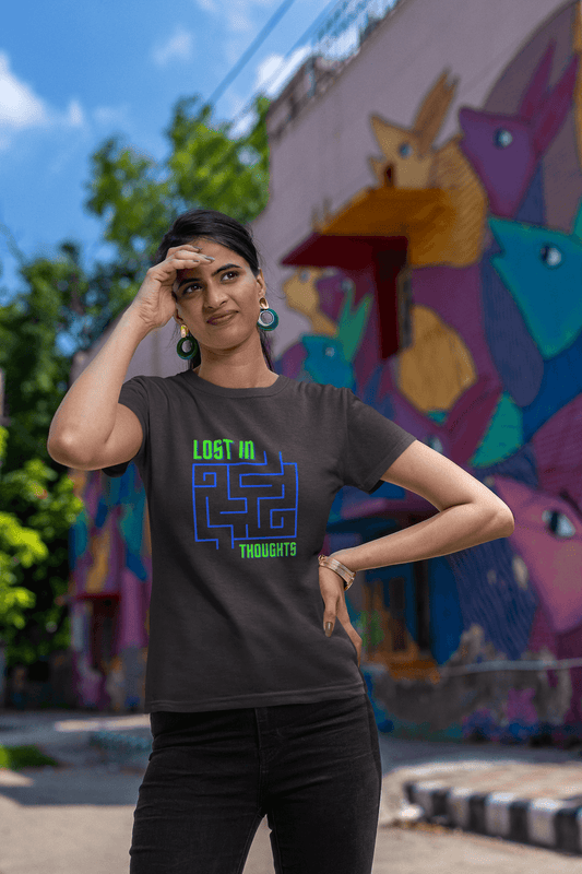 Women's Black Lost in Thoughts Graphic Printed T-shirt - Printed Cave