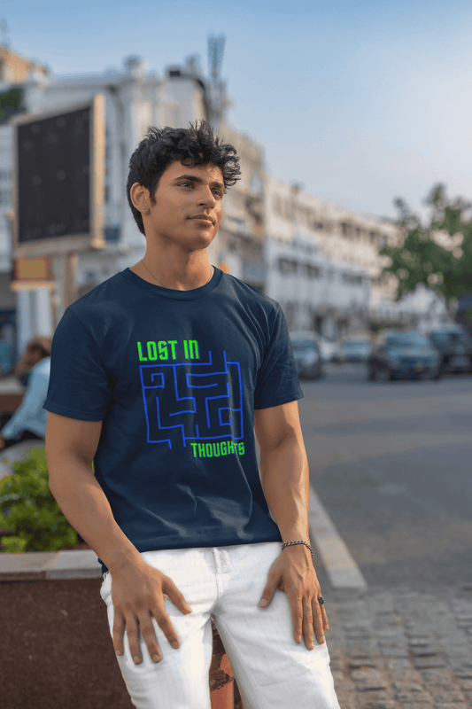 Men's Navy Blue Lost in Thoughts Graphic Printed T-shirt - Printed Cave