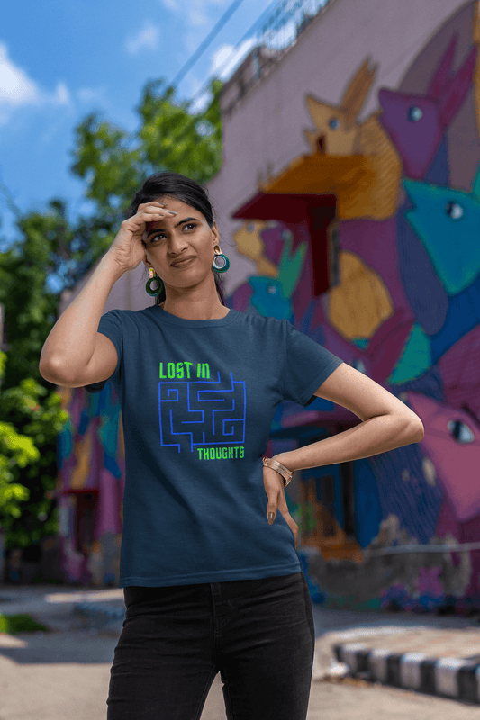 Women's Navy Blue Lost in Thoughts Graphic Printed T-shirt - Printed Cave