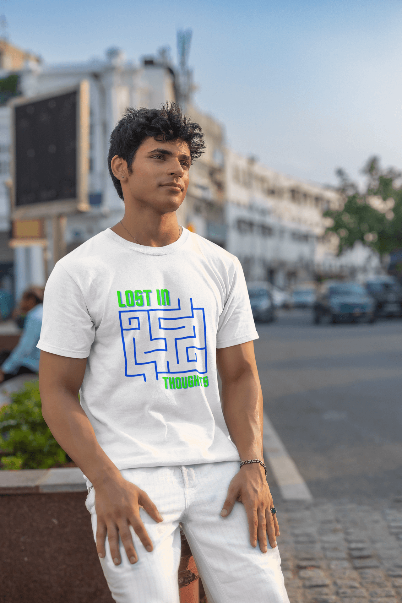 Men's White Lost in Thoughts Graphic Printed T-shirt - Printed Cave