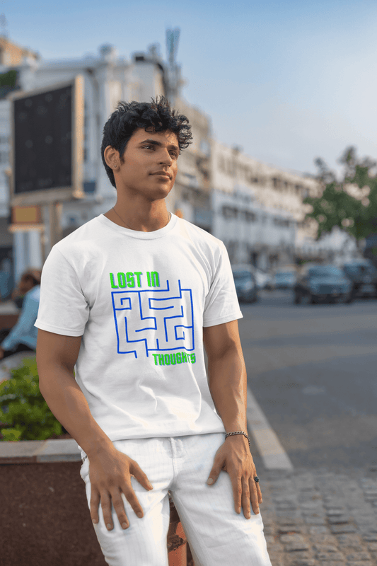 Men's White Lost in Thoughts Graphic Printed T-shirt - Printed Cave