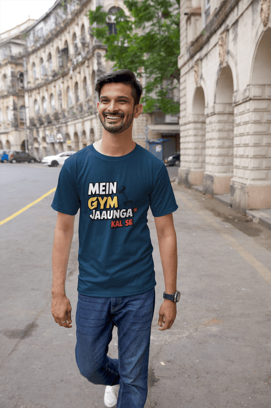 Men's Navy Blue Mein Gym Jaaunga Kal Se Graphic Printed T-shirt - Printed Cave