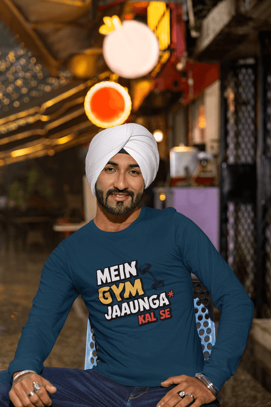 Men's Navy Blue Mein Gym Jaaunga Kal Se Graphic Printed Full Sleeve T-shirt - Printed Cave