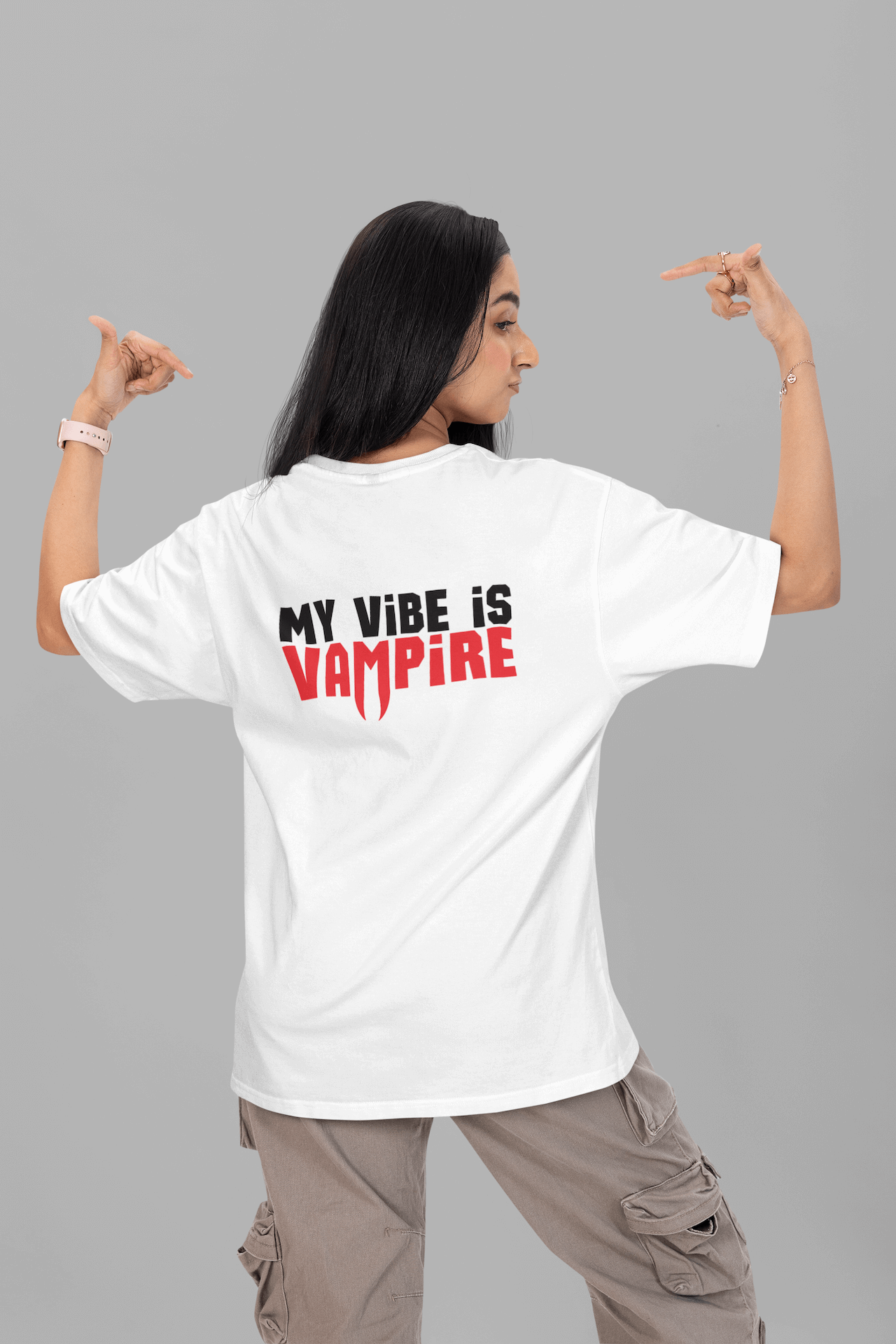 Women's White My Vibe Is Vampire Graphic Printed Oversized T-shirt