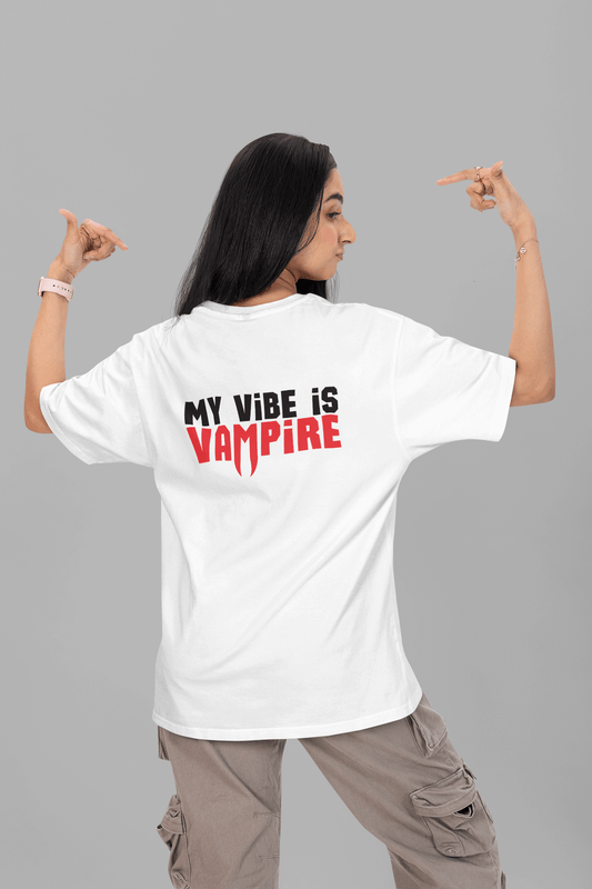 Women's White My Vibe Is Vampire Graphic Printed Oversized T-shirt