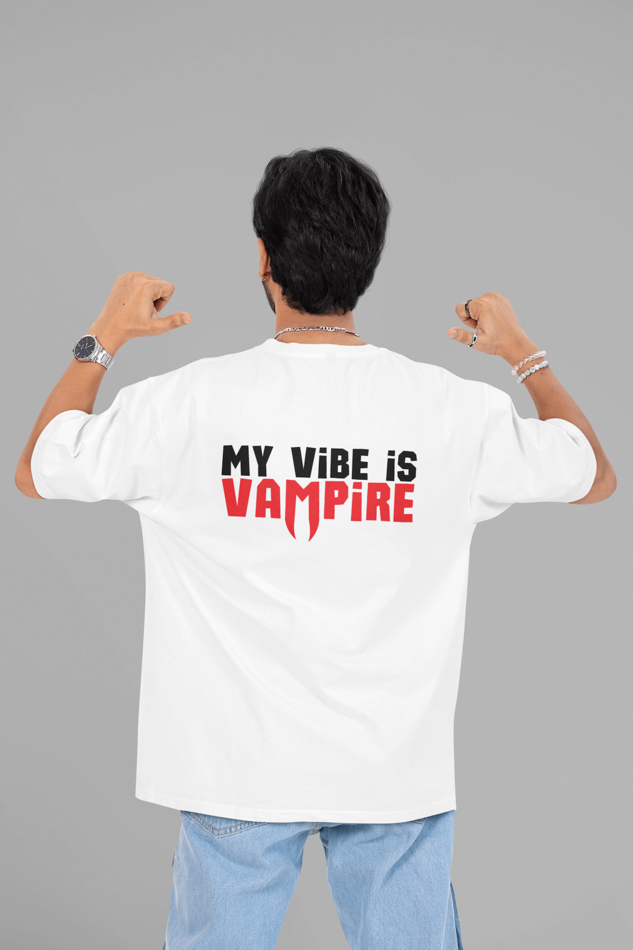 Men's White My Vibe Is Vampire Graphic Printed Oversized T-shirt