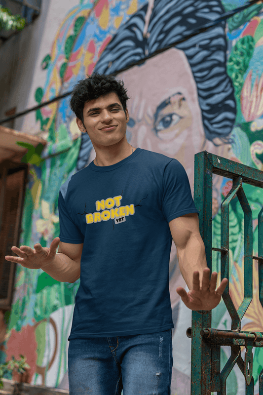 Men's Navy Blue Not Broken Yet Graphic Printed T-shirt - Printed Cave