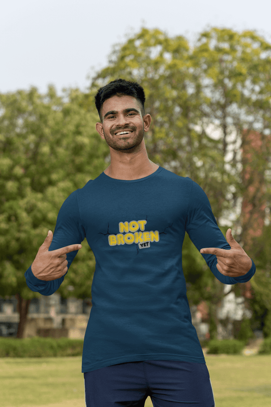 Men's Navy Blue Not Broken Yet Graphic Printed Full Sleeve T-shirt