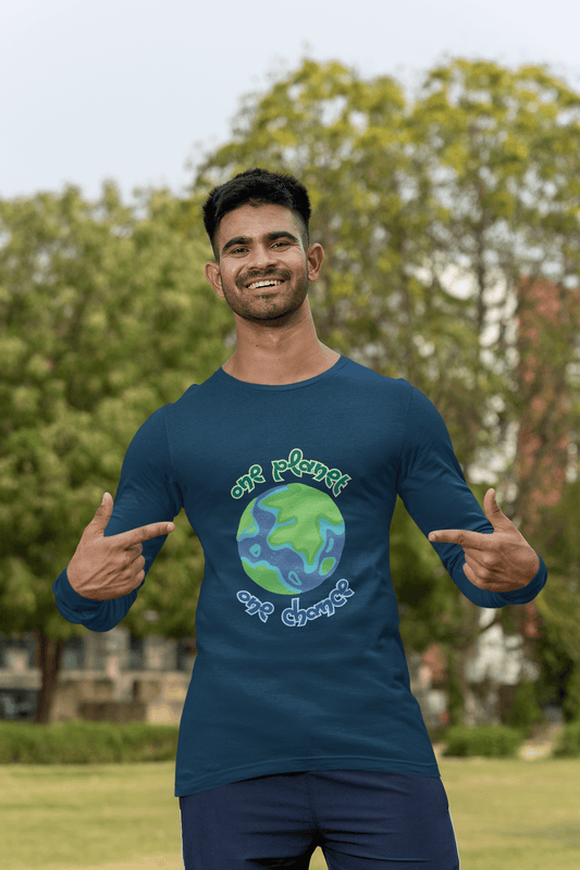 Men's Navy Blue One Planet One Chance Graphic Printed Full Sleeve T-shirt