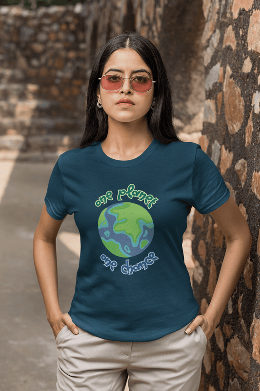 Women's Navy Blue One Planet One Chance Graphic Printed T-shirt - Printed Cave