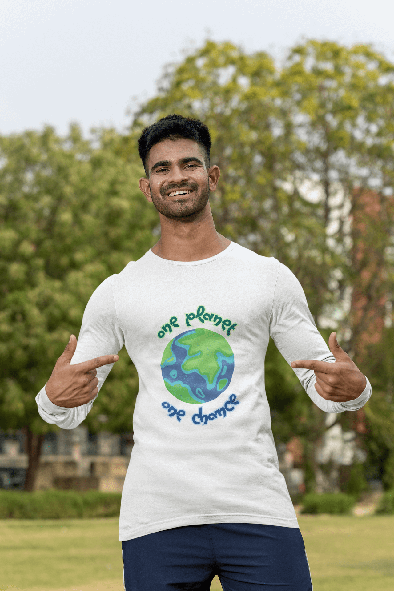 Men's White One Planet One Chance Graphic Printed Full Sleeve T-shirt