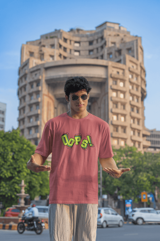 Men's Dusty Red Oops Graphic Printed Oversized T-shirt