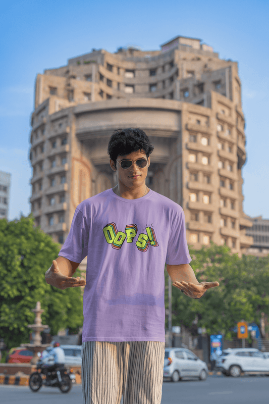 Men's Iris Lavender Oops Graphic Printed Oversized T-shirt