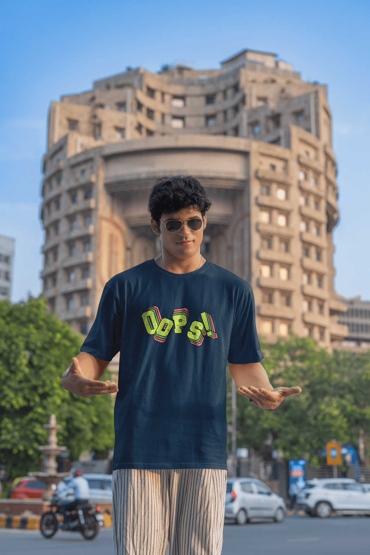 Men's Navy Blue Oops Graphic Printed Oversized T-shirt