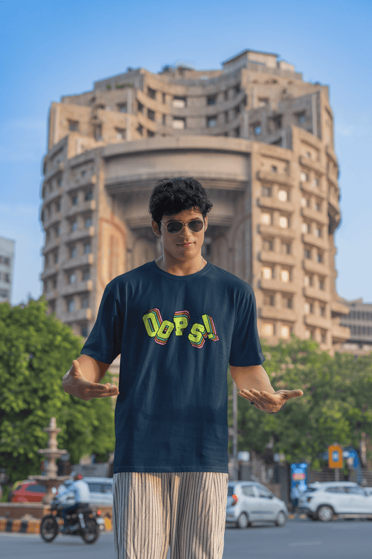Men's Navy Blue Oops Graphic Printed Oversized T-shirt