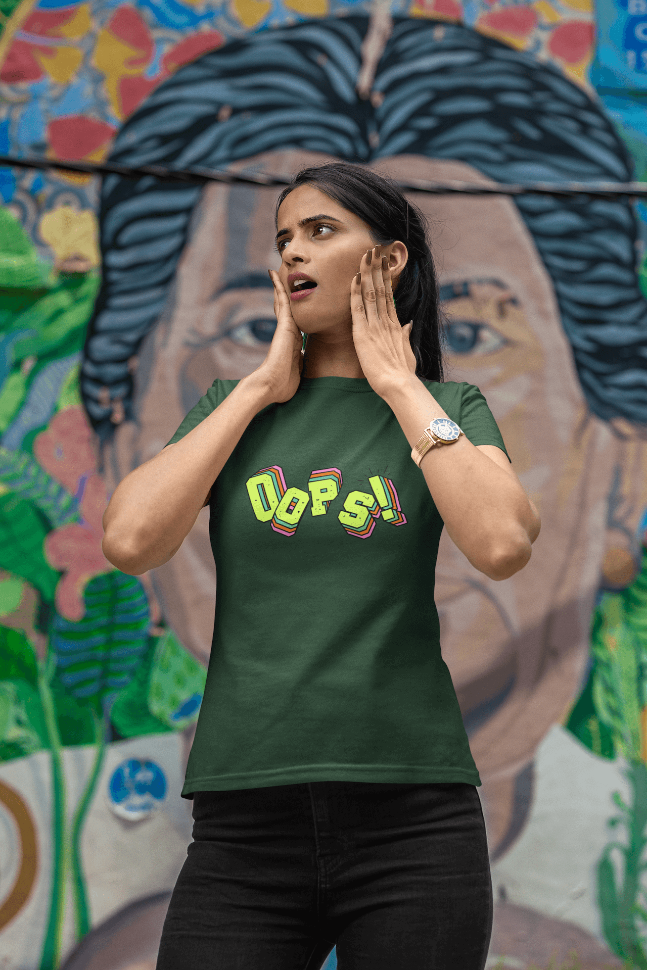 Women's Olive Green Oops Graphic Printed T-shirt - Printed Cave