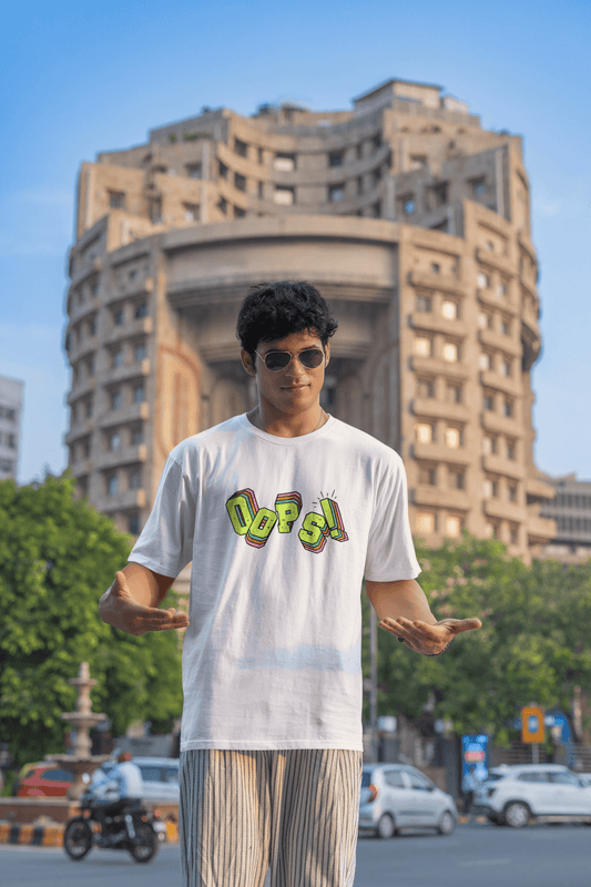 Men's White Oops Graphic Printed Oversized T-shirt
