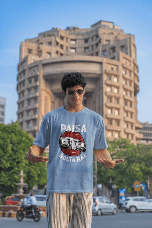 Men's Baby Blue Paisa Bolta Hai Graphic Printed Oversized T-shirt