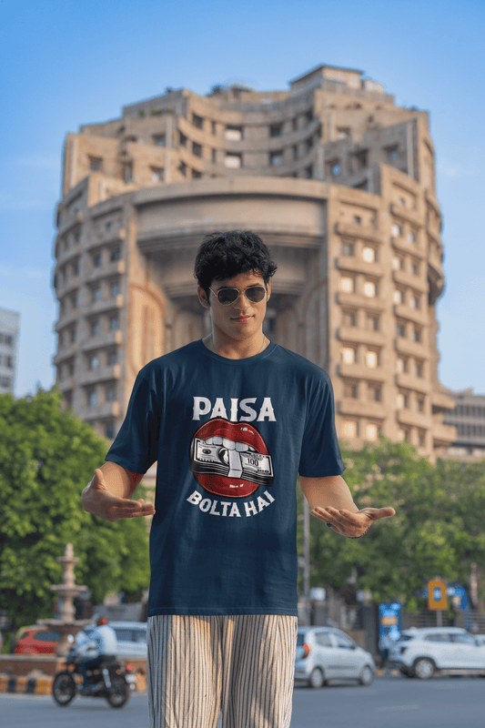 Men's Navy Blue Paisa Bolta Hai Graphic Printed Oversized T-shirt