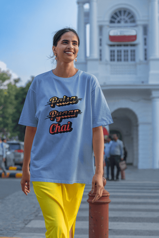 Women's Baby Blue Paisa Pyaar Chai Graphic Printed Oversized T-shirt