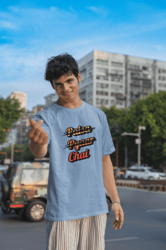 Men's Baby Blue Paisa Pyaar Chai Graphic Printed Oversized T-shirt