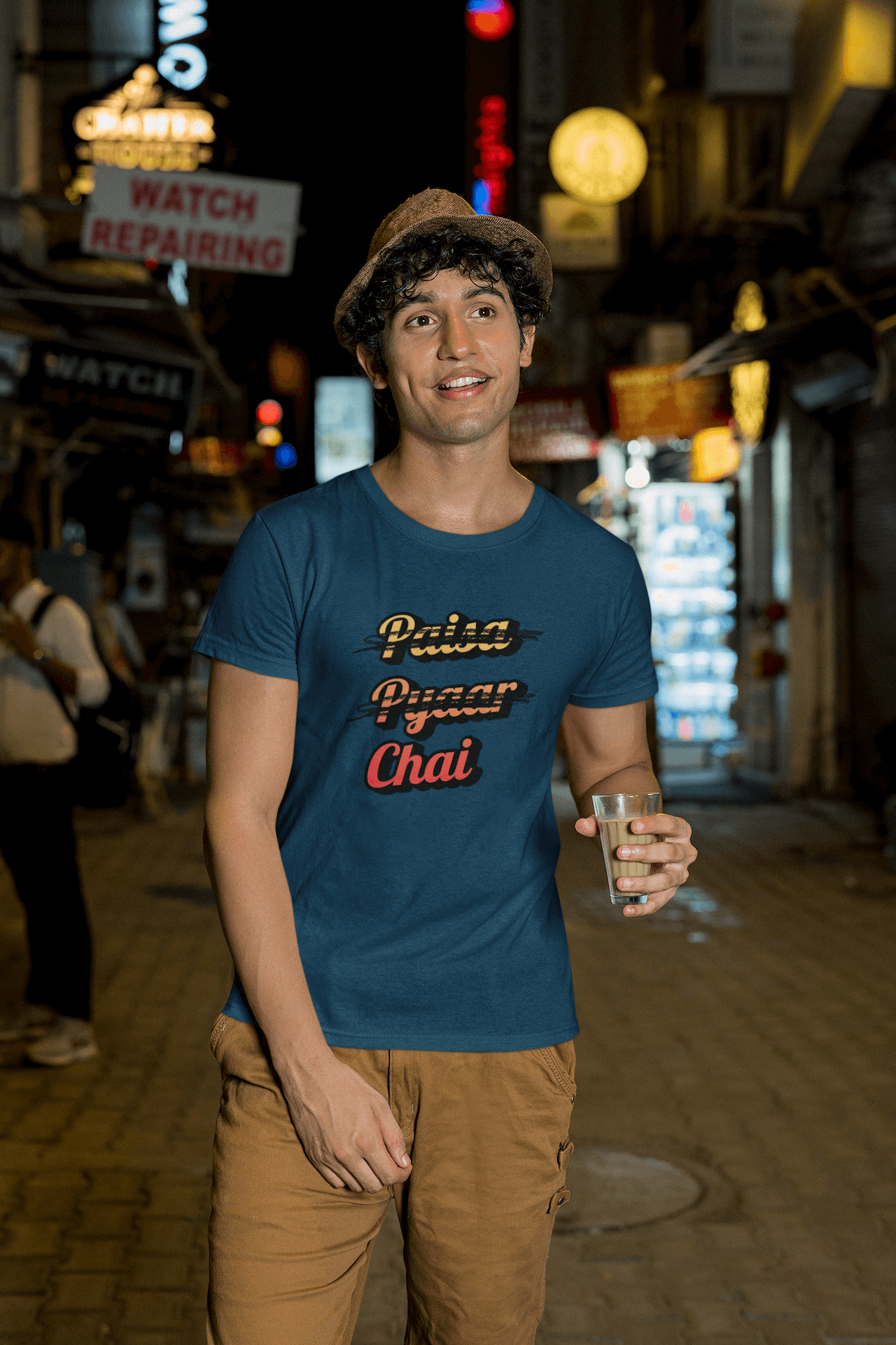 Men's Navy Blue Paisa Pyaar Chai Graphic Printed T-shirt - Printed Cave