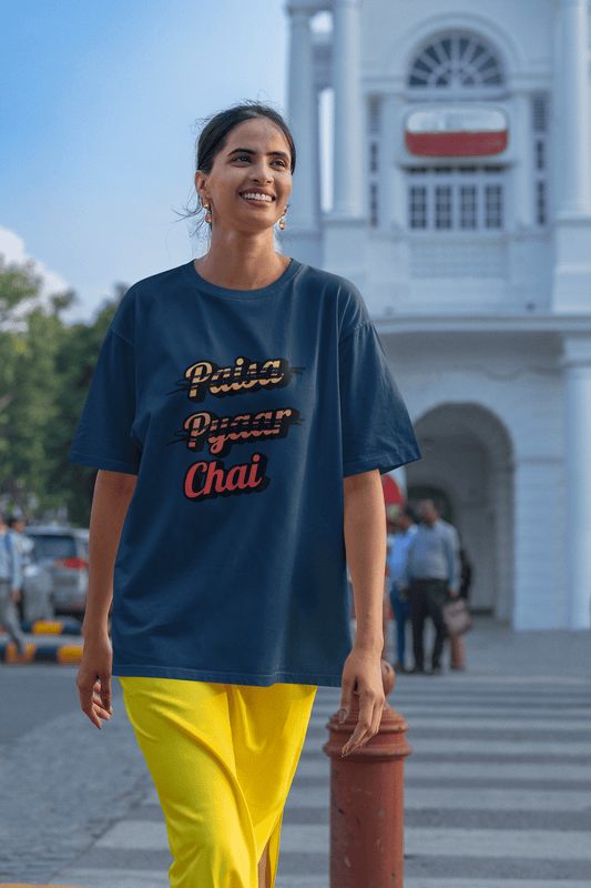 Women's Navy Blue Paisa Pyaar Chai Graphic Printed Oversized T-shirt