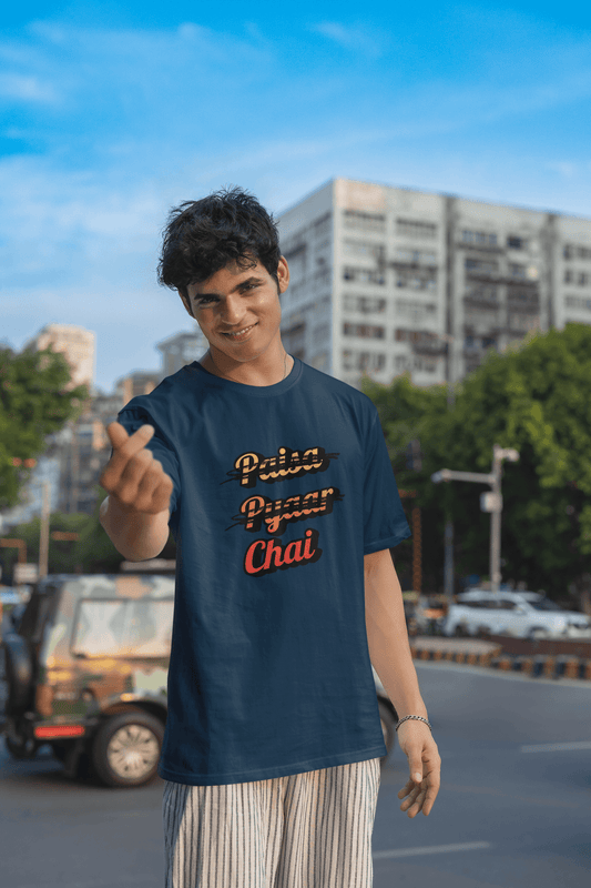 Men's Navy Blue Paisa Pyaar Chai Graphic Printed Oversized T-shirt