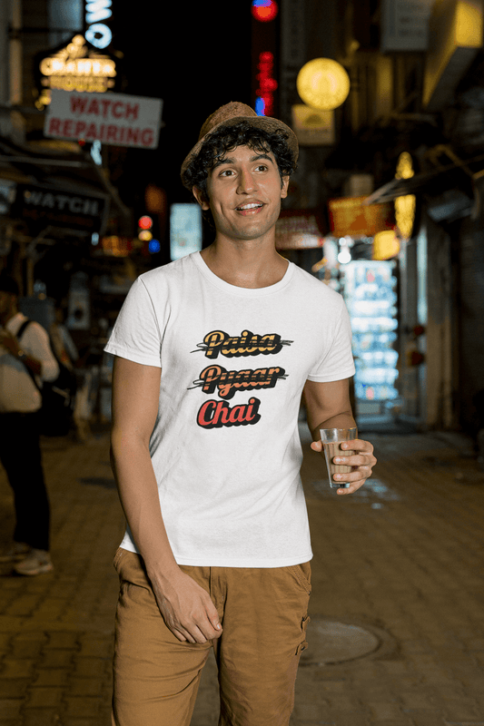 Men's White Paisa Pyaar Chai Graphic Printed T-shirt - Printed Cave