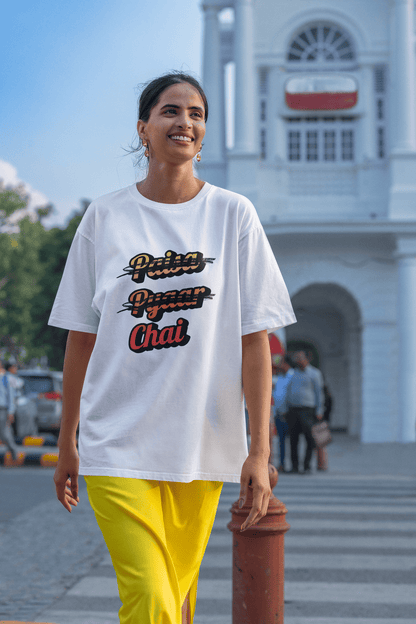 Women's White Paisa Pyaar Chai Graphic Printed Oversized T-shirt