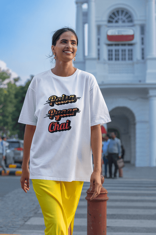 Women's White Paisa Pyaar Chai Graphic Printed Oversized T-shirt