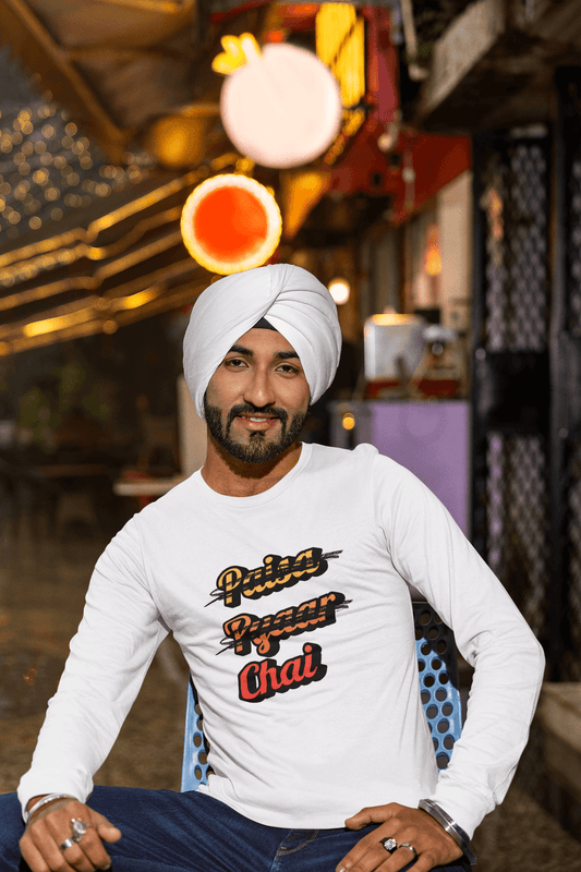 Men's White Paisa Pyaar Chai Graphic Printed Full Sleeve T-shirt - Printed Cave