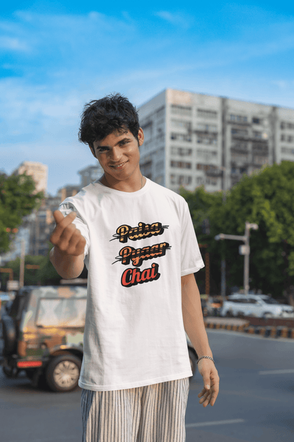 Men's White Paisa Pyaar Chai Graphic Printed Oversized T-shirt