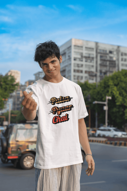Men's White Paisa Pyaar Chai Graphic Printed Oversized T-shirt